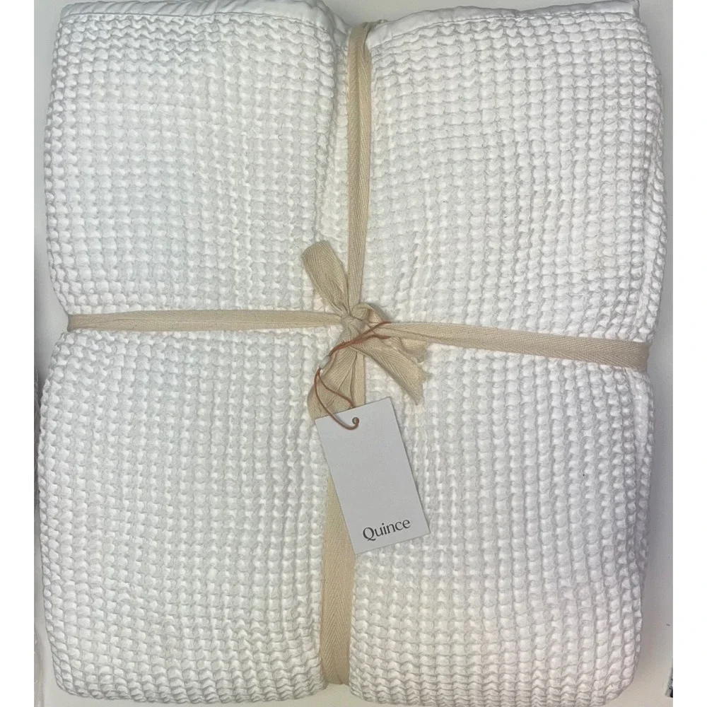 Quince Organic Waffle Bed Blanket Full/Queen White Cotton Textured Luxury New